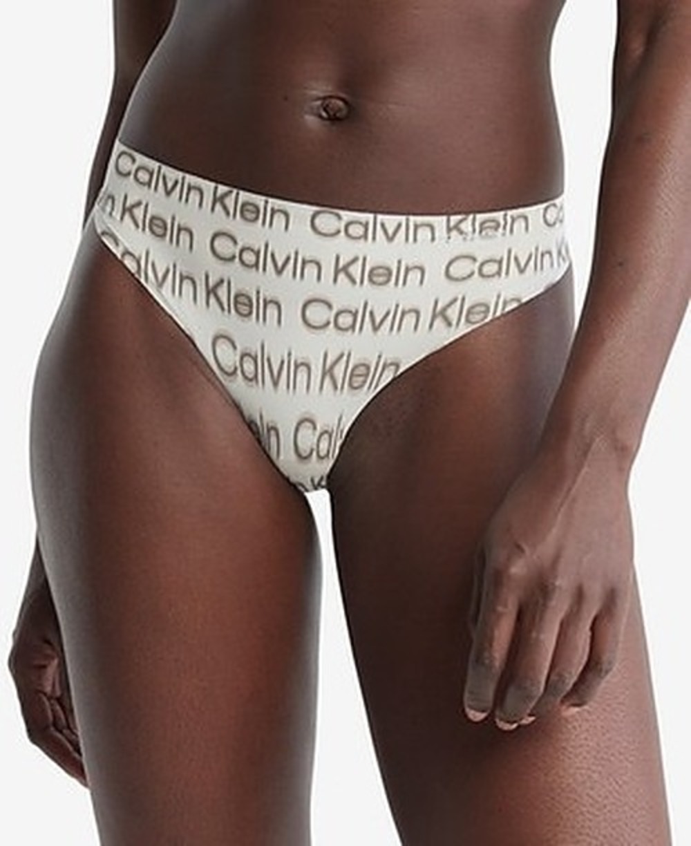 NWT Calvin Klein Thong Blur Logo Print+Silver Birch, Seamless, M